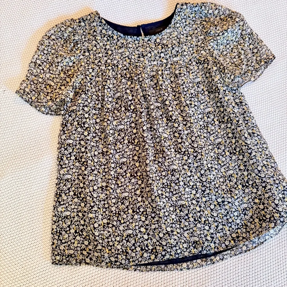 J. CREW Chiffon Silk Gold Metallic Black & White Blouse Floral Top